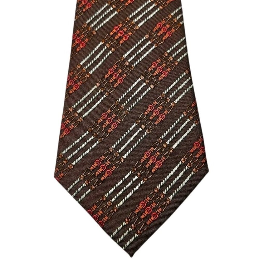 Vintage Hermes Paris Chain Belt Equestrian Silk Neck Tie Necktie Brown 55"
